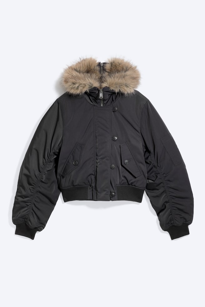 Cazadora bomber corta con capucha de pelo sintético - Gris oscuro/Marrón oscuro - 1