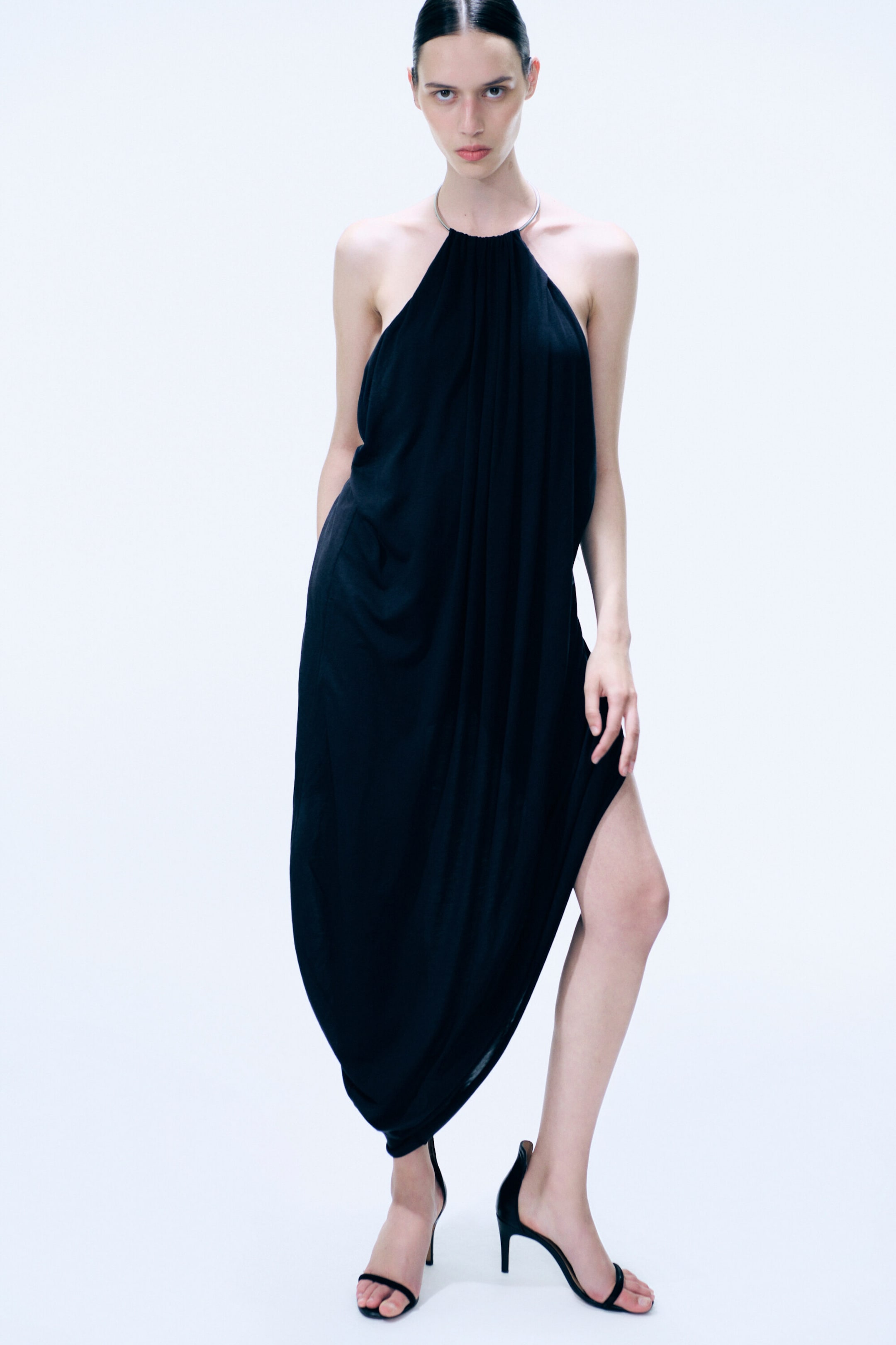Black - Gathered Halter Dress - 1