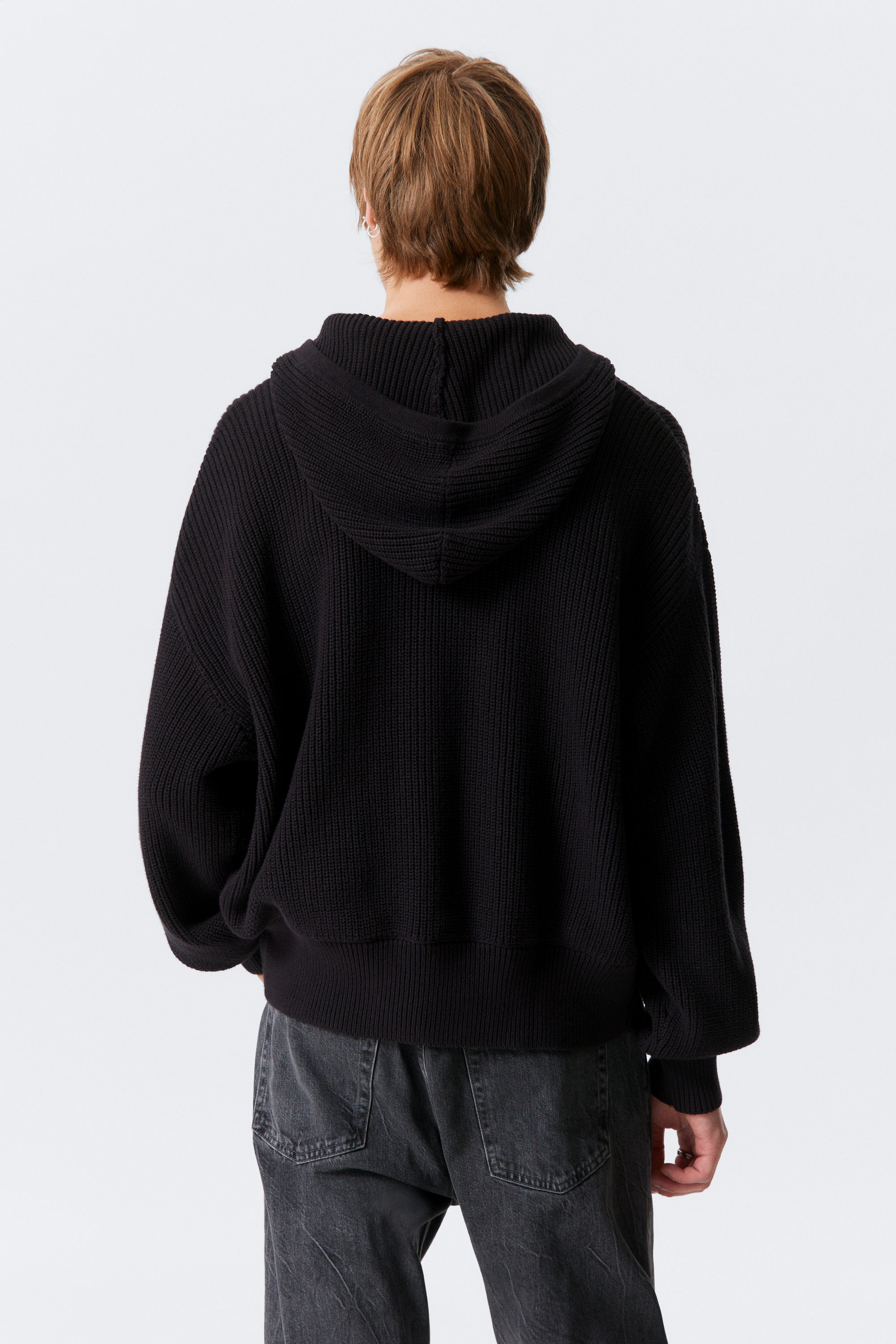 Black - Boxy Knitted Hoodie - 3