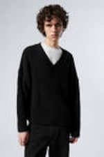 Black - Boxy Knitted V-neck Sweater - 1