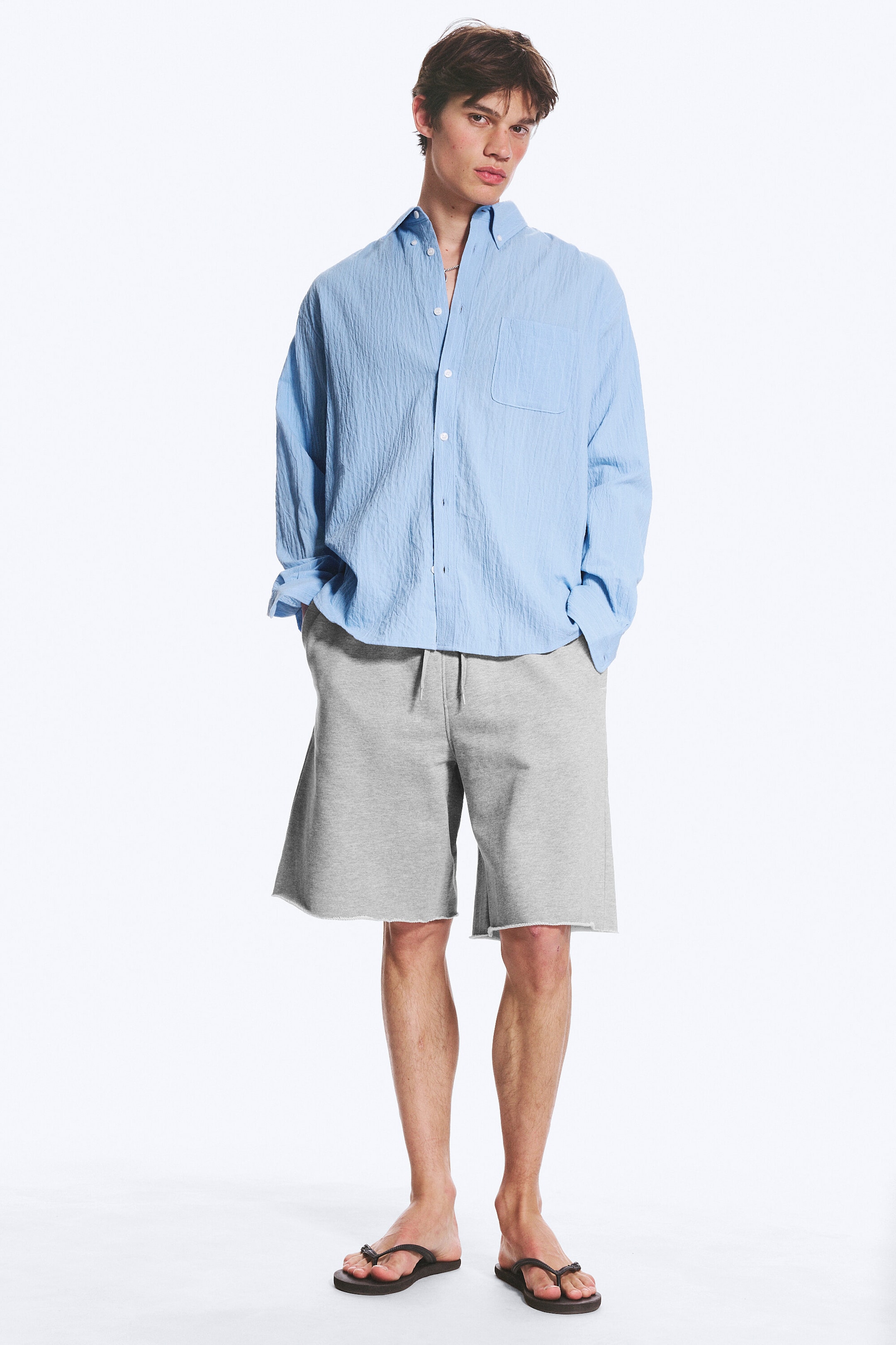Striped Light Blue - Loose Structured Buttoned Shirt - 2