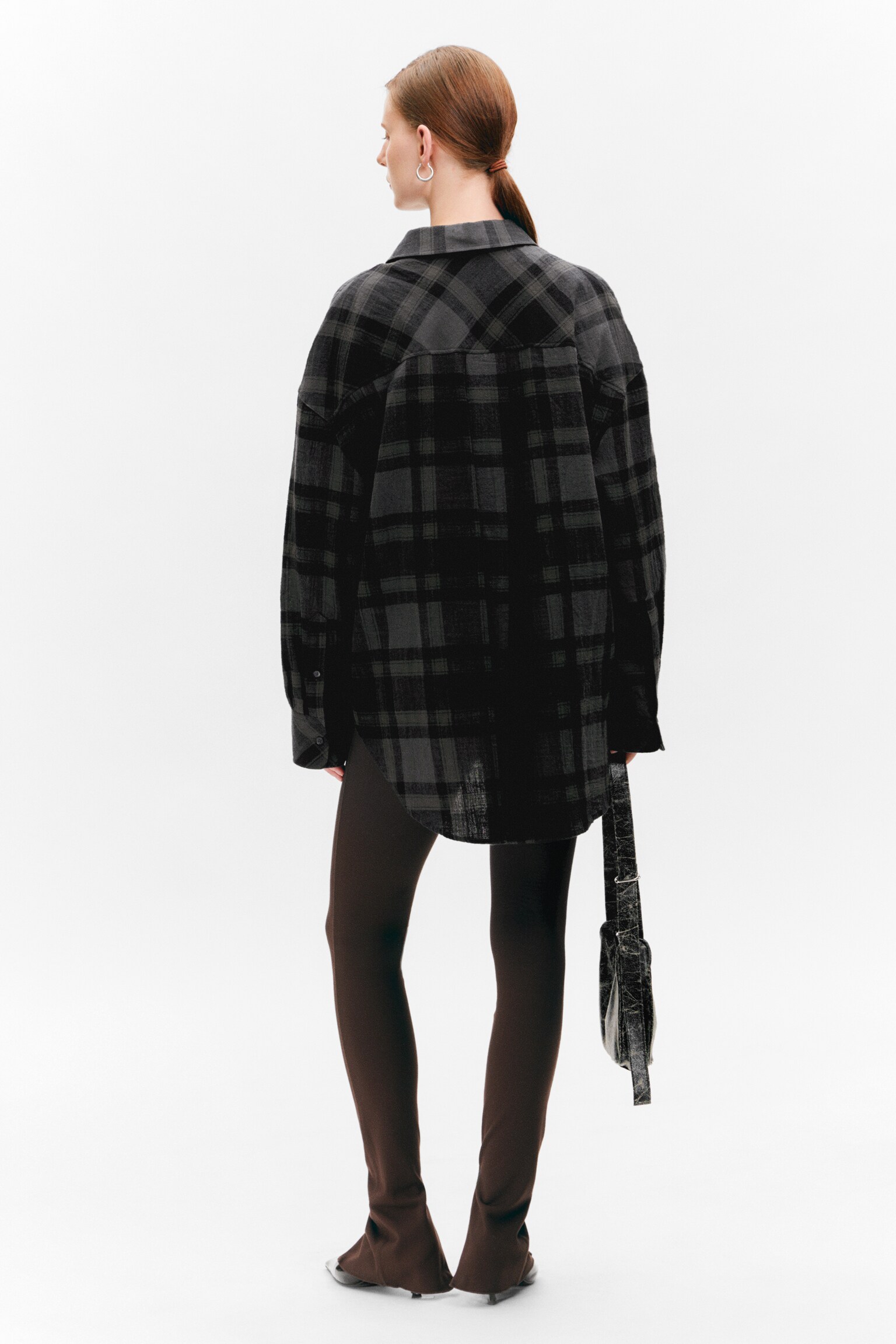 Oversized Long-Sleeved Cotton Shirt - Checked Dark Grey/Burgundy & Yellow Stripes/Dusty Pink - 4