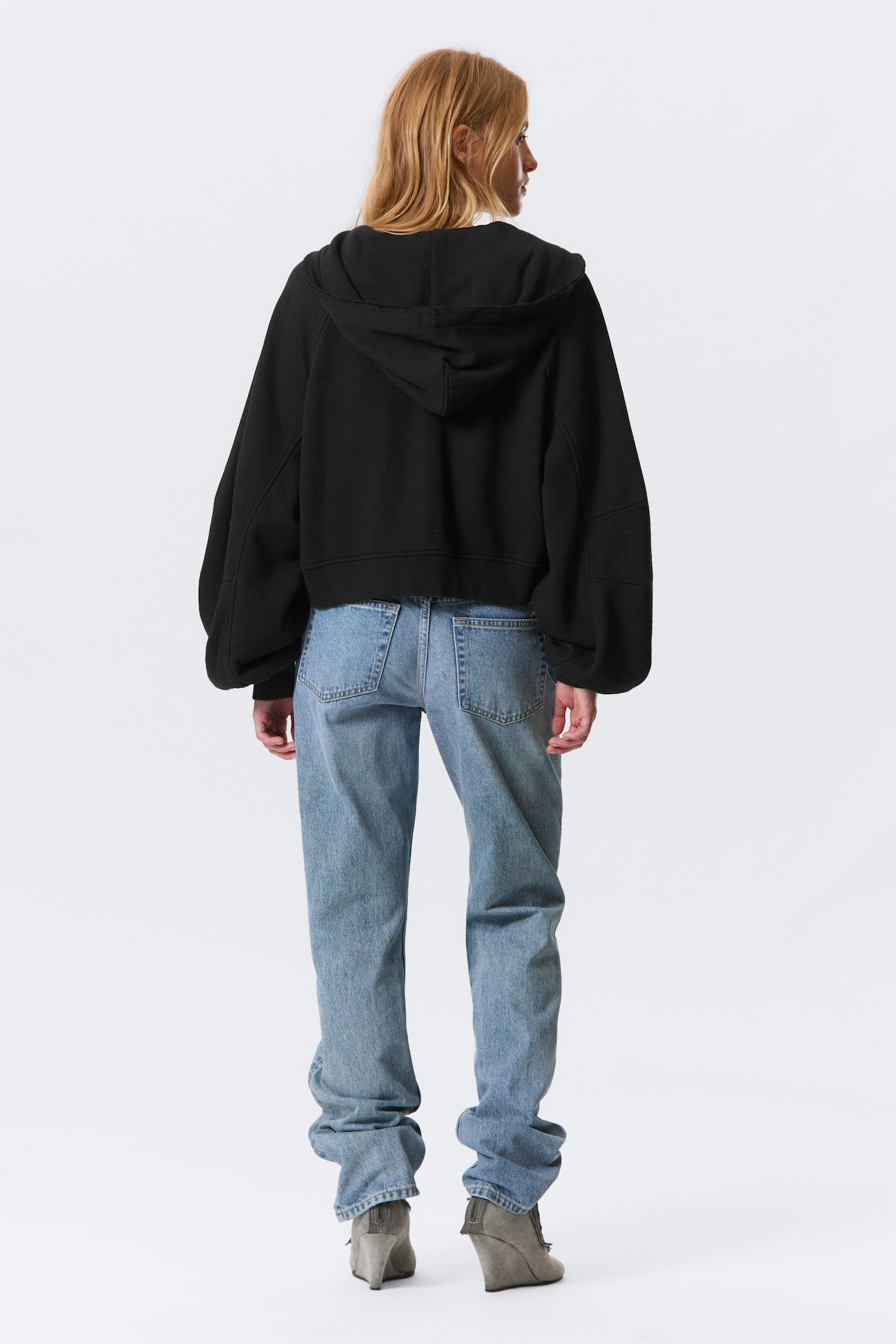 Oversized Cropped Frayed Zip Hoodie - Black - 3