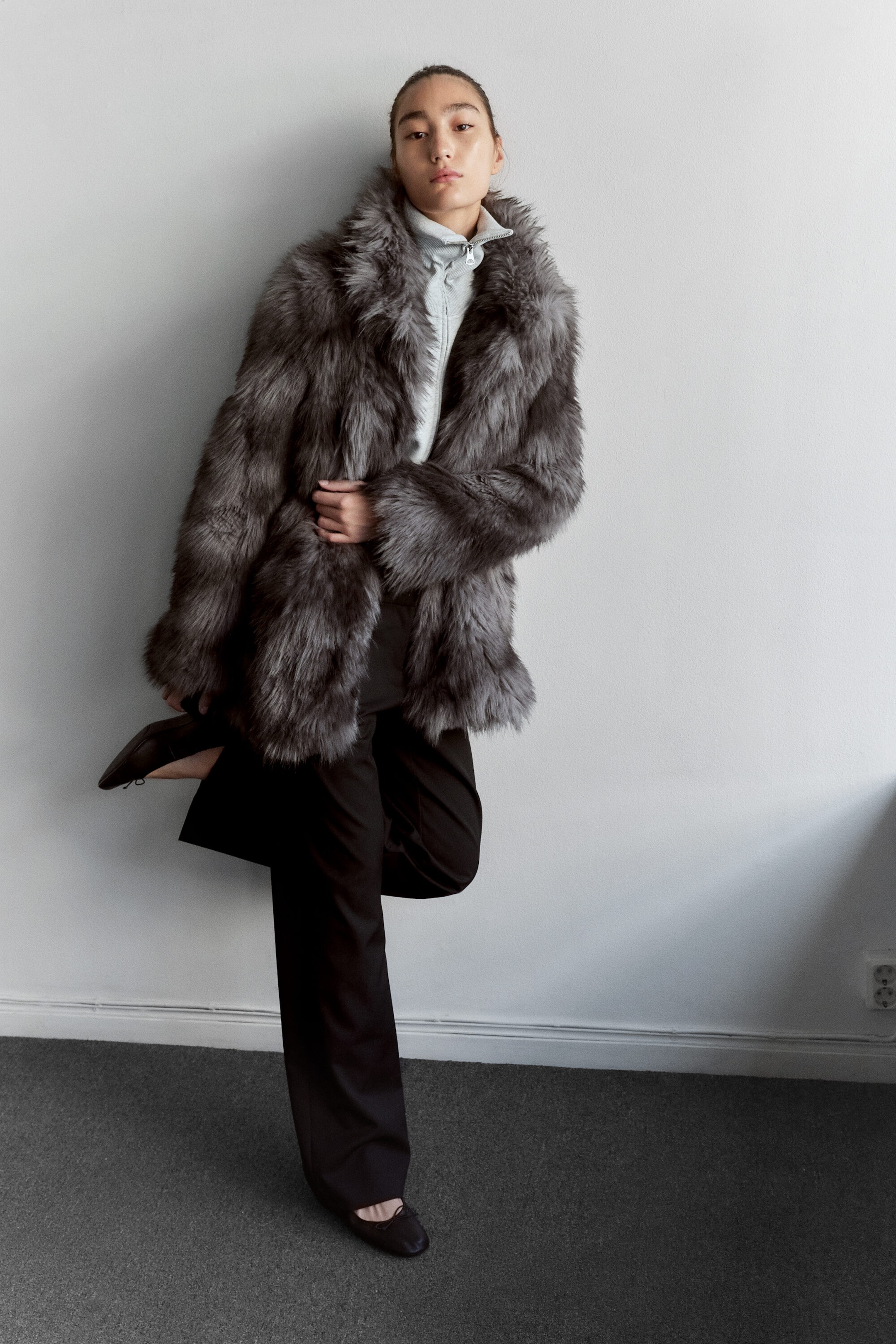 Dark Grey - Relaxed faux fur jacket - 1