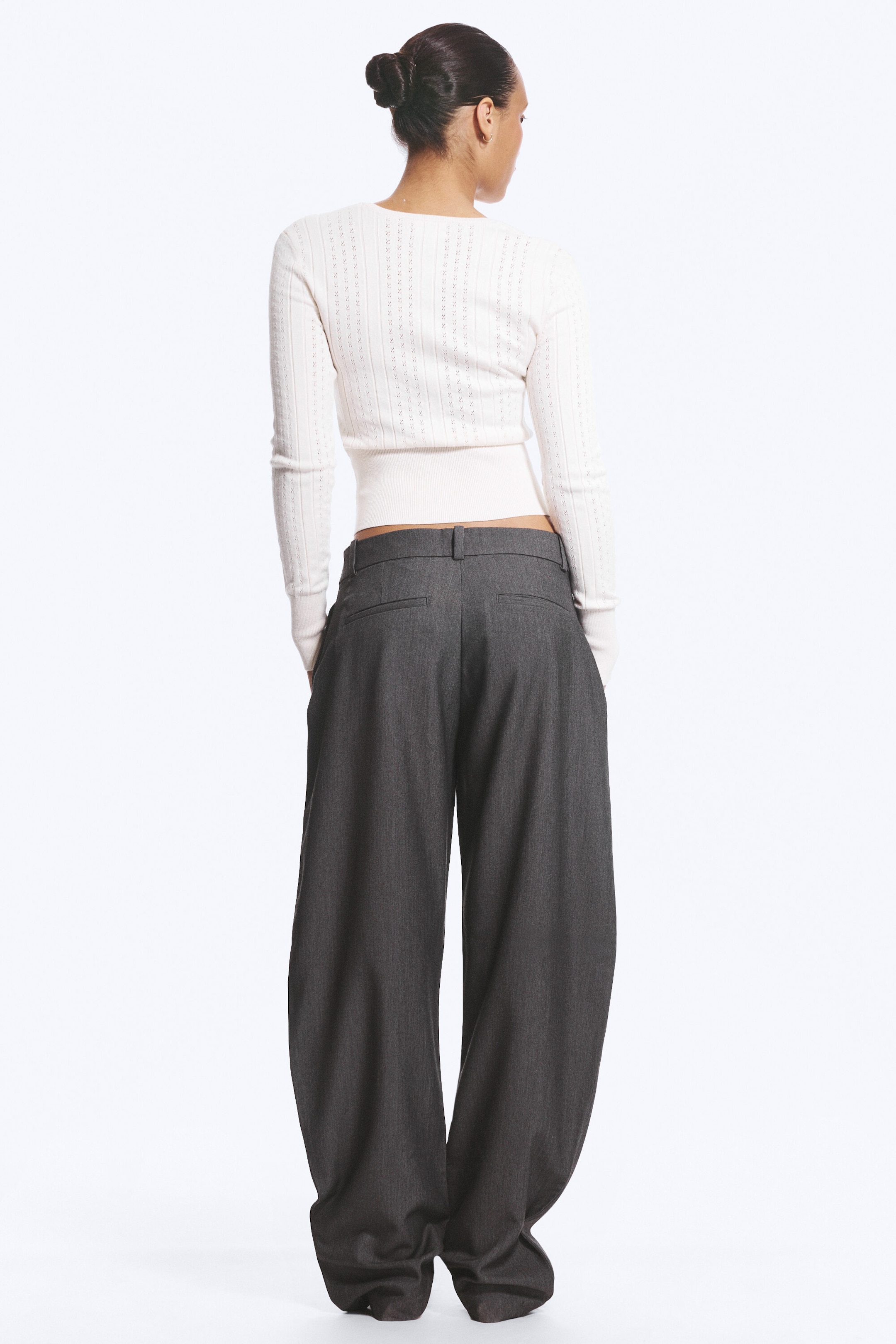 Dark Grey Melange - Loose Fit Barrel Leg Suiting Trousers - 3