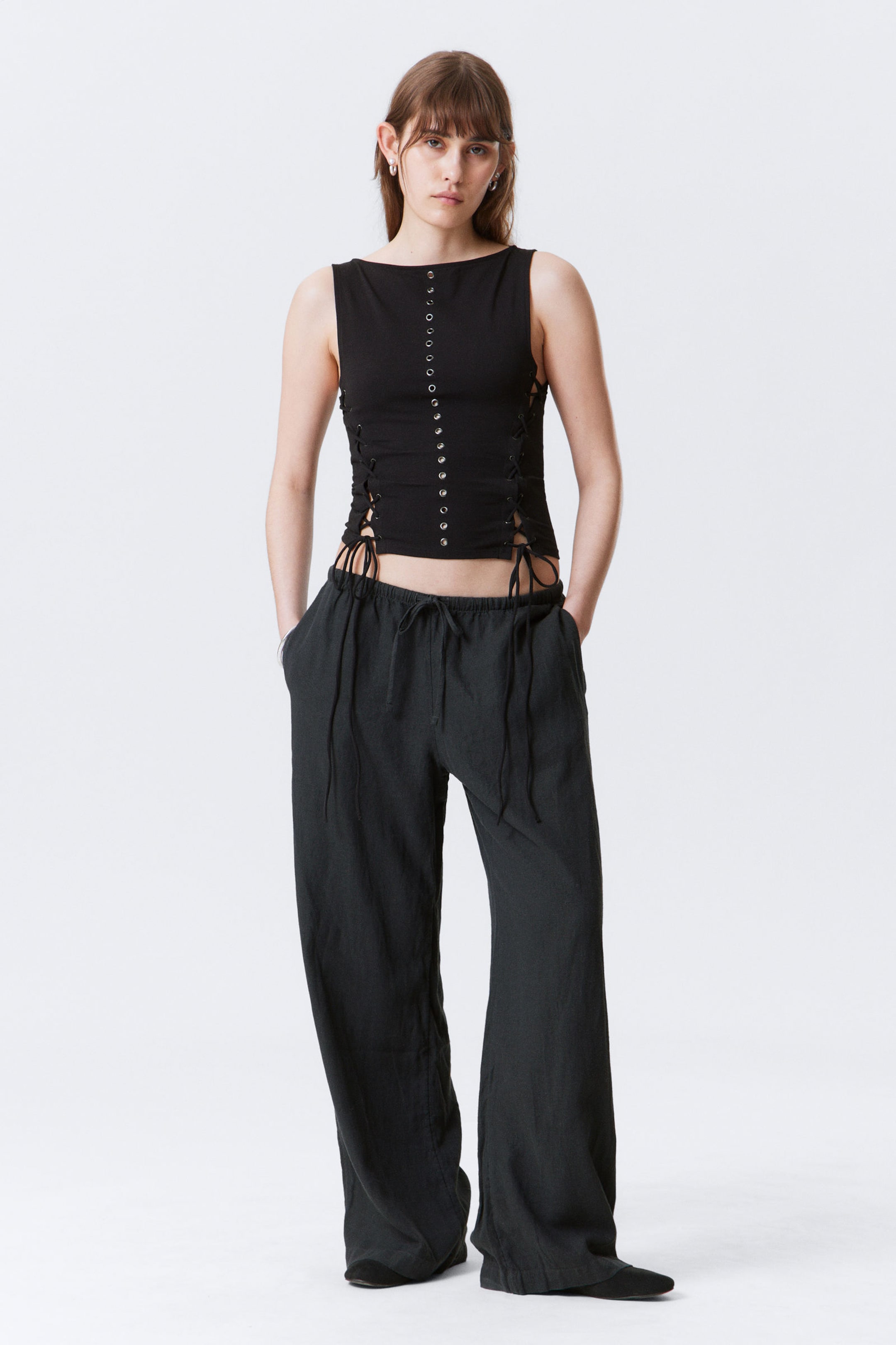 Black - Sleeveless Lacing Boat-Neck Eyelet Top - 2