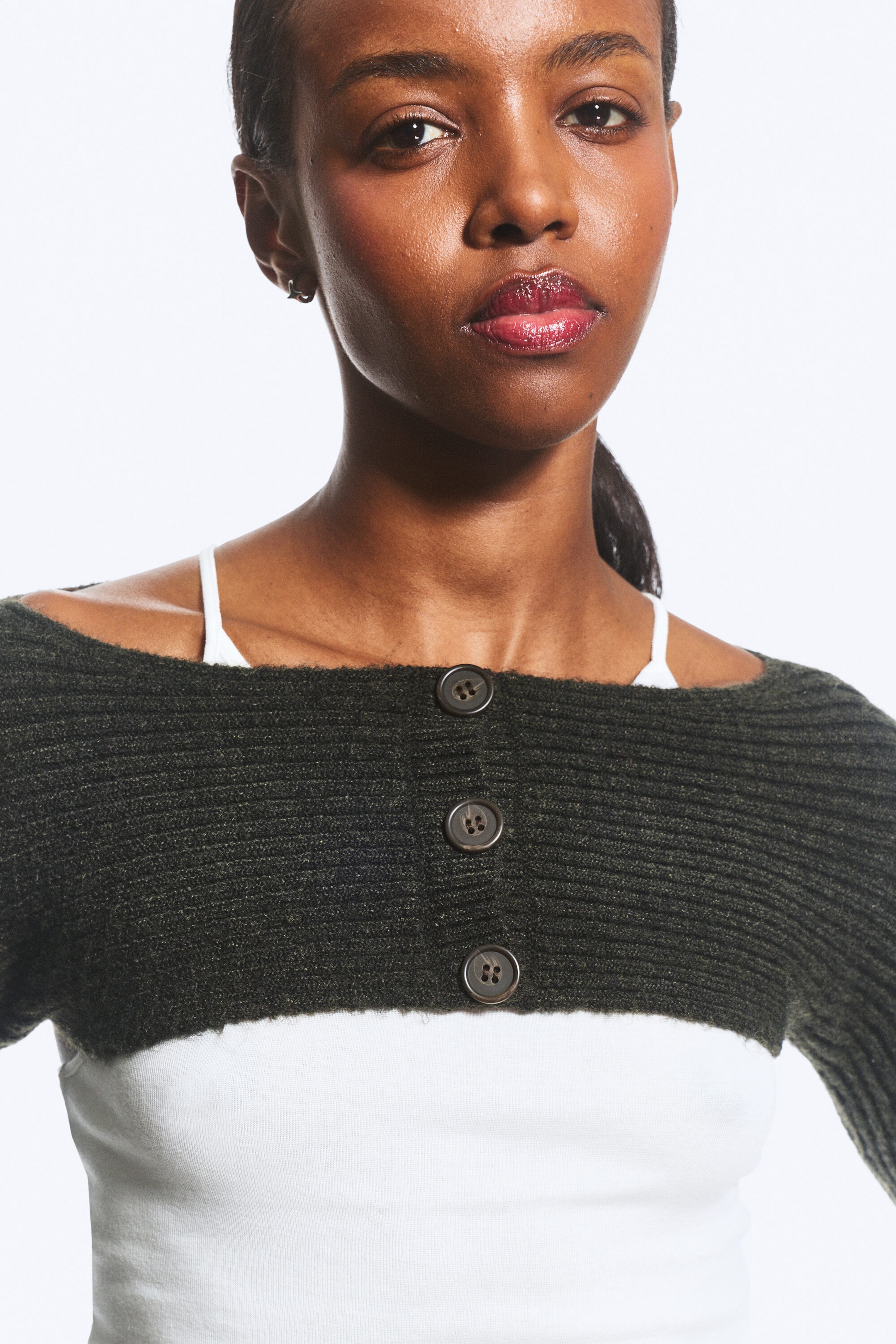 Dark Green Melange - Rib-Knit Boat-Neck Bolero Cardigan - 1