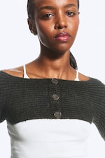 Dark Green Melange - Rib-Knit Boat-Neck Bolero Cardigan - 1