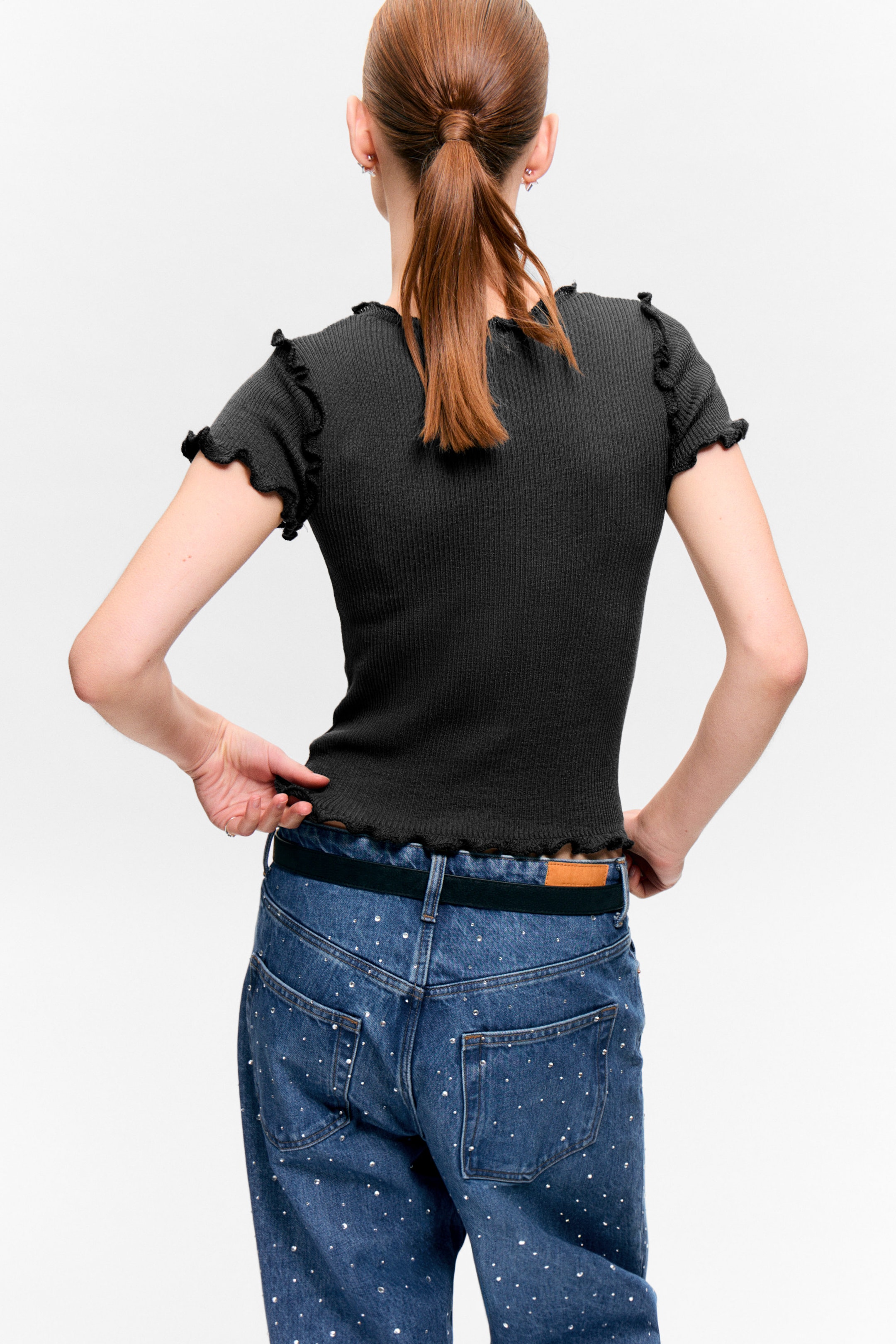 Dark Grey - Frill-Edge Ribbed Knitted Top - 2