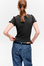 Dark Grey - Frill-Edge Ribbed Knitted Top - 2