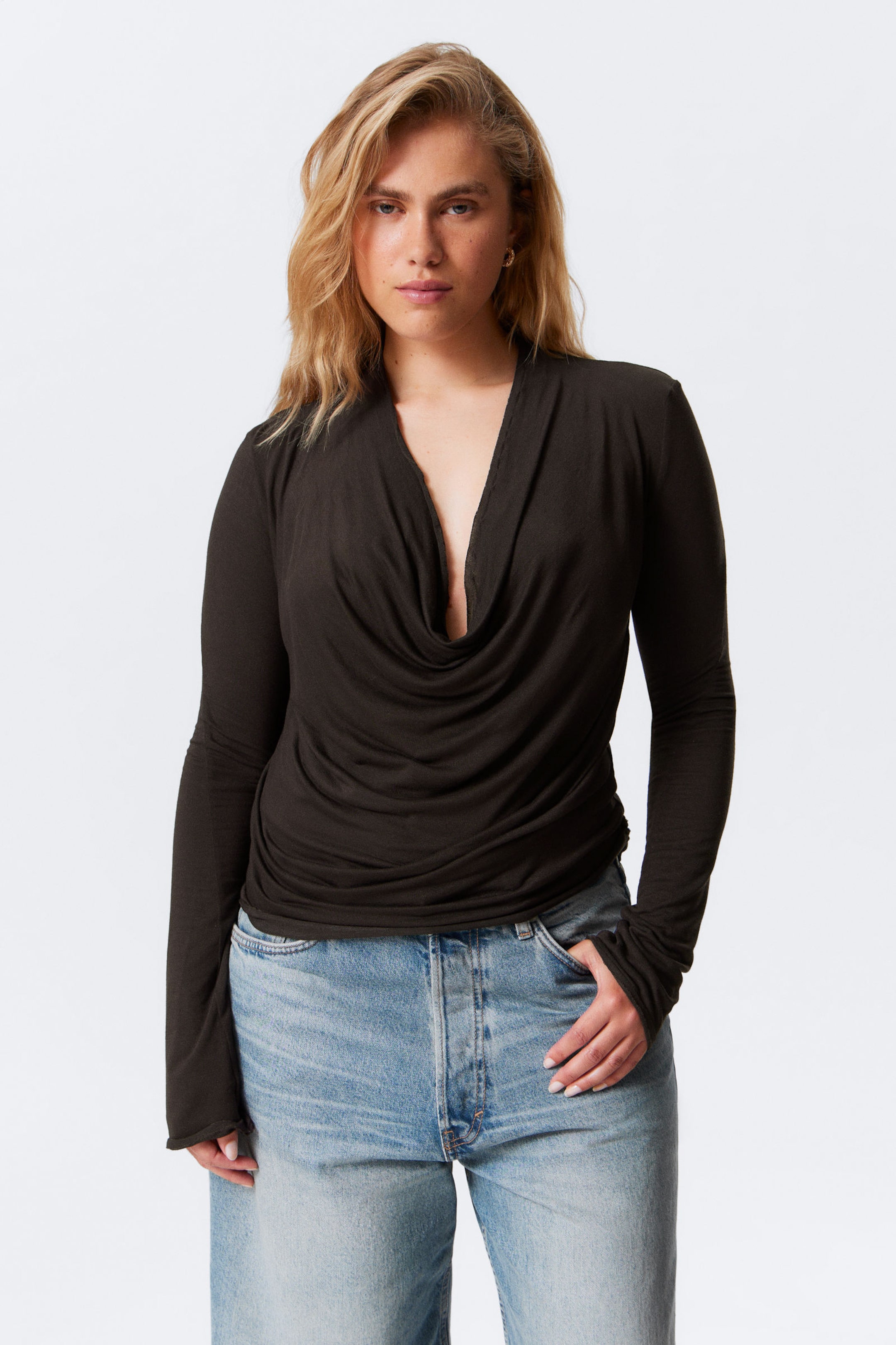 Dark Brown - Draped Long-Sleeved Top - 1