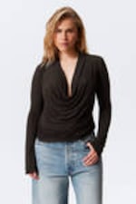 Dark Brown - Draped Long-Sleeved Top - 0