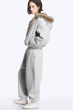 Gris chiné & Marron - Sweat à capuche zippé réversible en fausse fourrure - 0