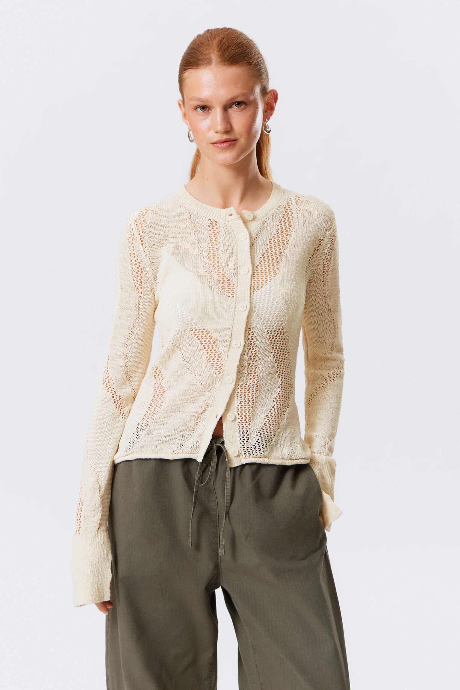 Slim Fit Textured Knit Cardigan - Off-white/Dark Grey