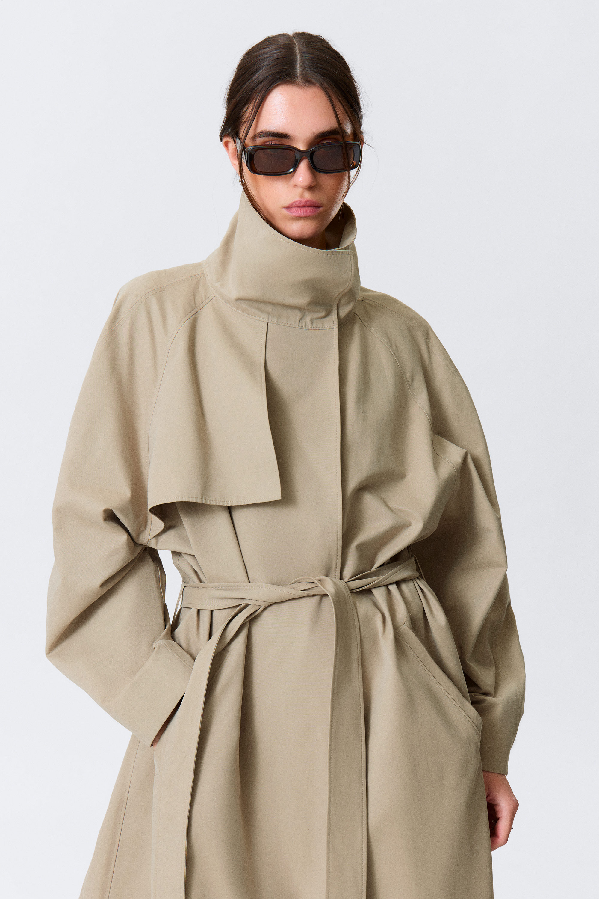 Beige - Loose Fit Trench Coat with Funnel Collar - 3
