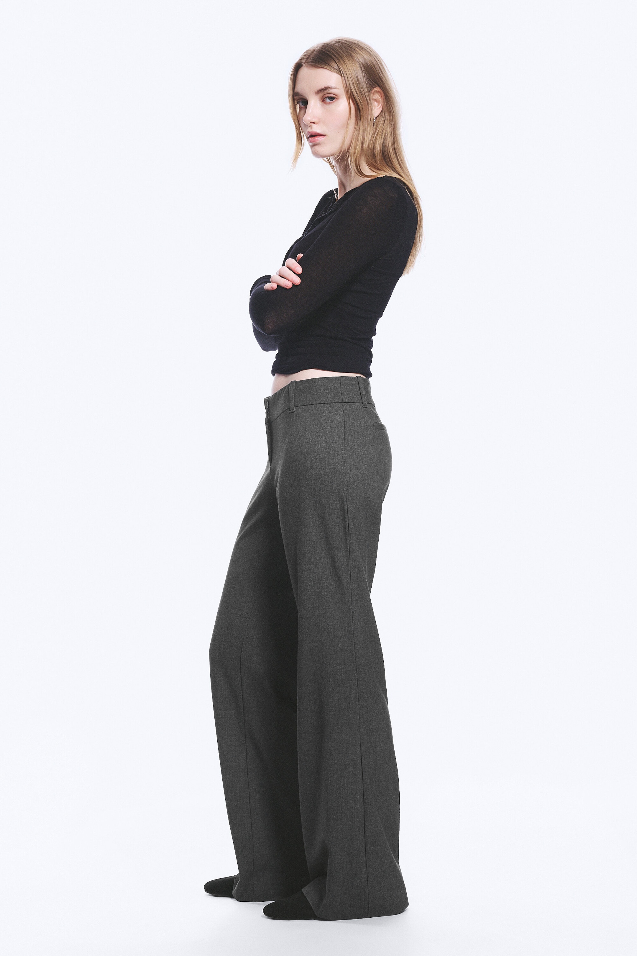 Dark Grey Melange - Low-Rise Flared Suiting Trousers - 6