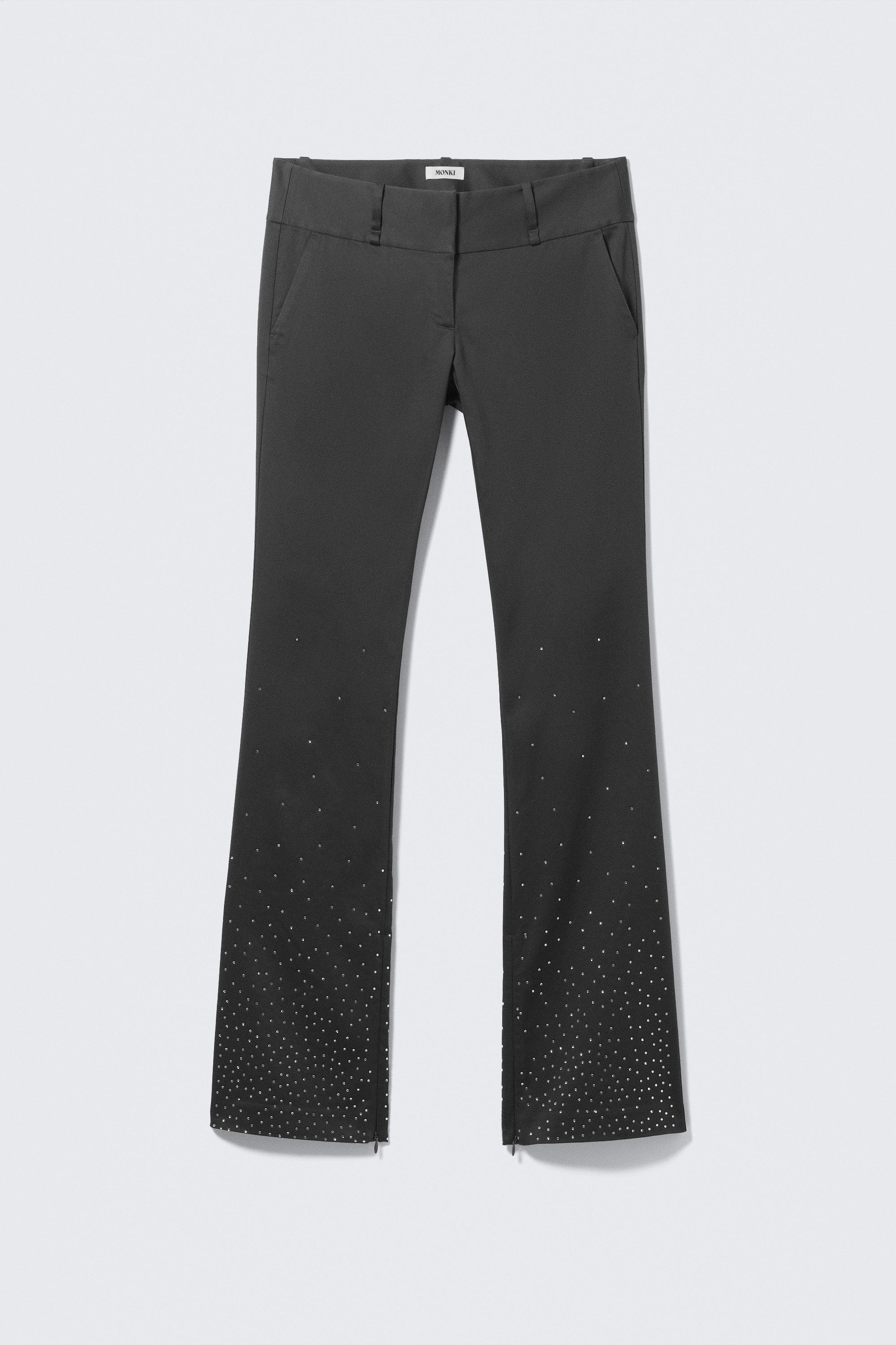 Gris foncé - Strass - Pantalon en satin orné de strass, taille basse, ourlets zippés - 3