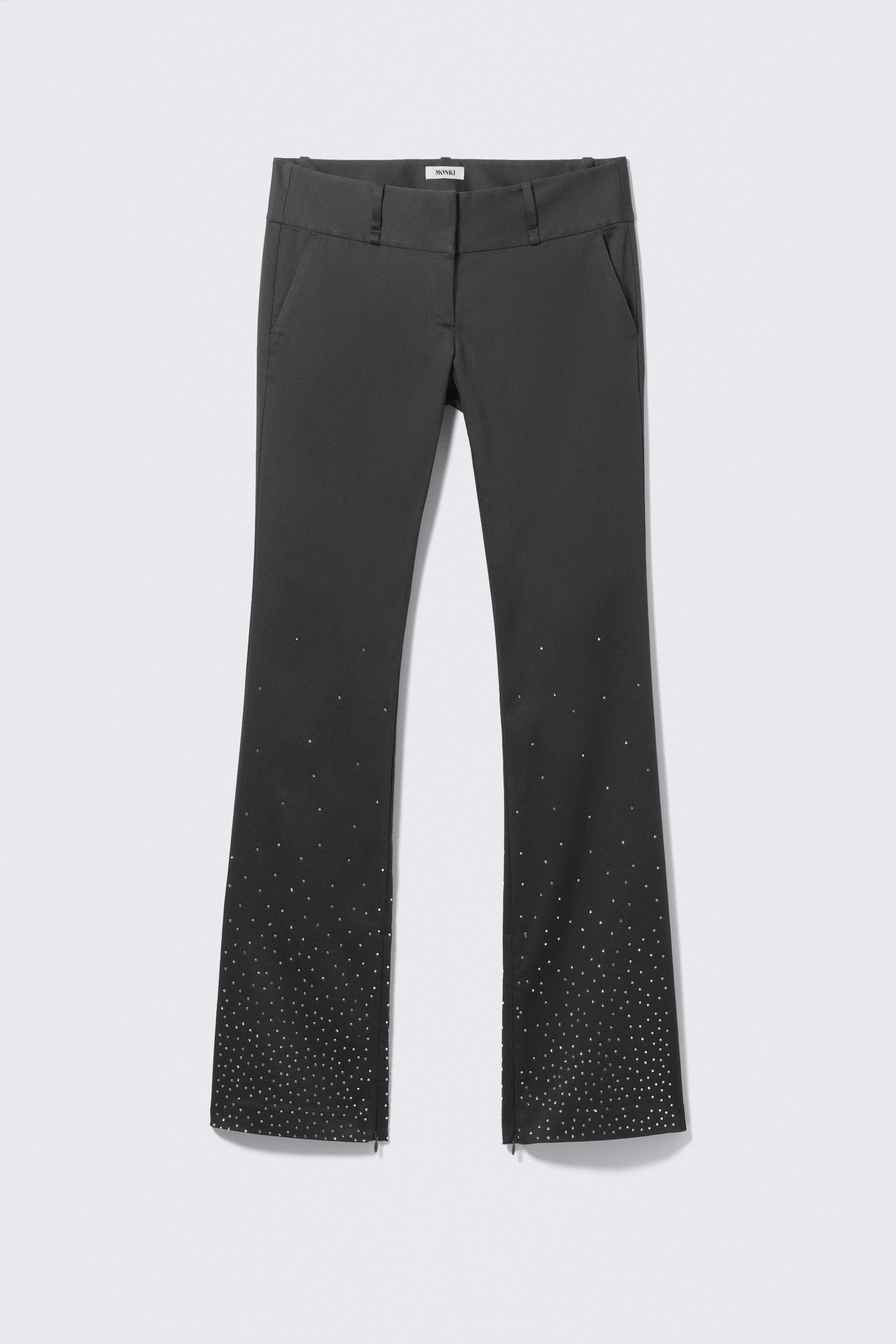 Dark Grey - Rhinestones - Low Rise Zip-Hem Satin Rhinestone Trousers - 3