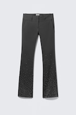 Dark Grey - Rhinestones - Low Rise Zip-Hem Satin Rhinestone Trousers - 3