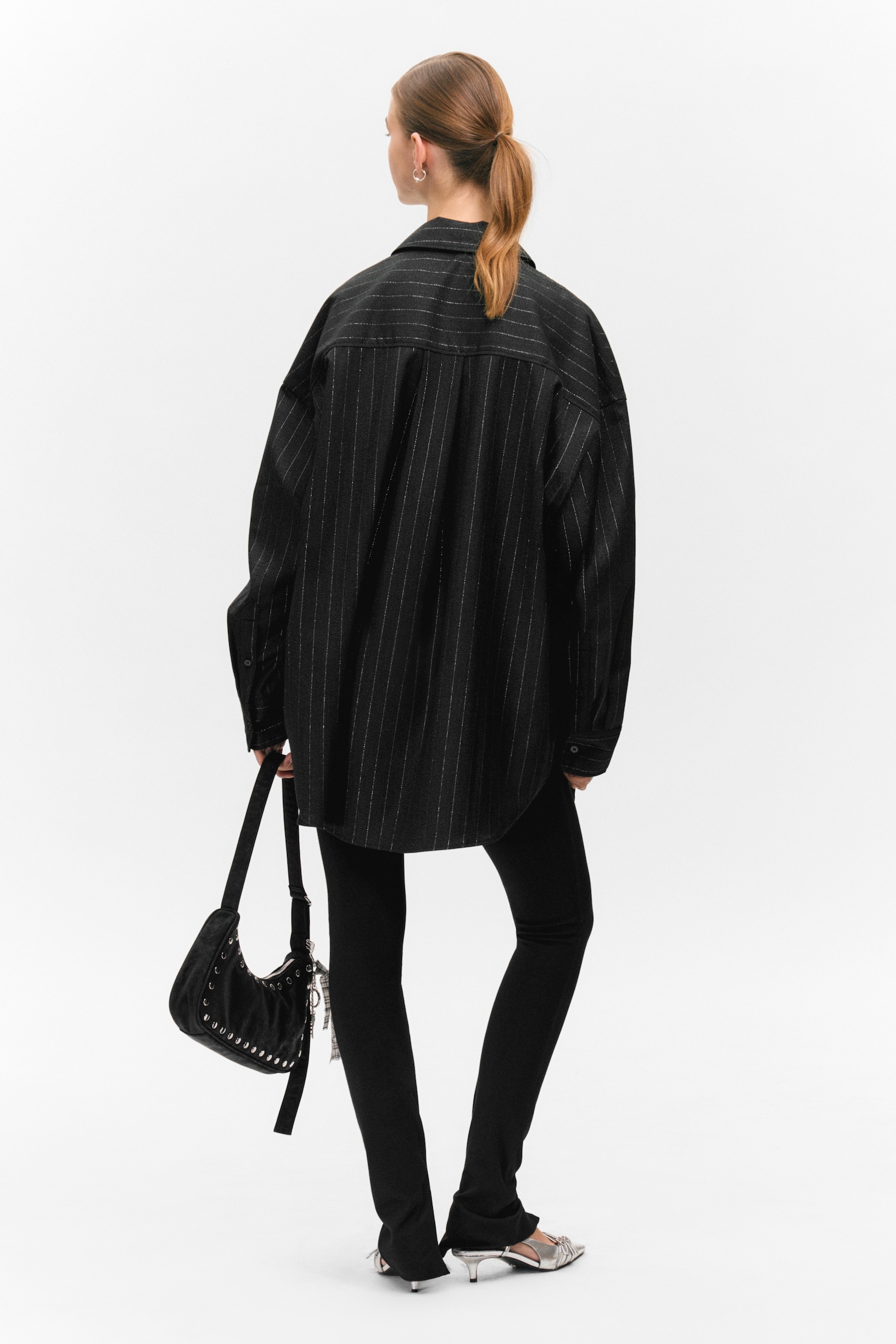 Oversized Button-up Shirt - Dark Grey - Metallic Stripes - 5