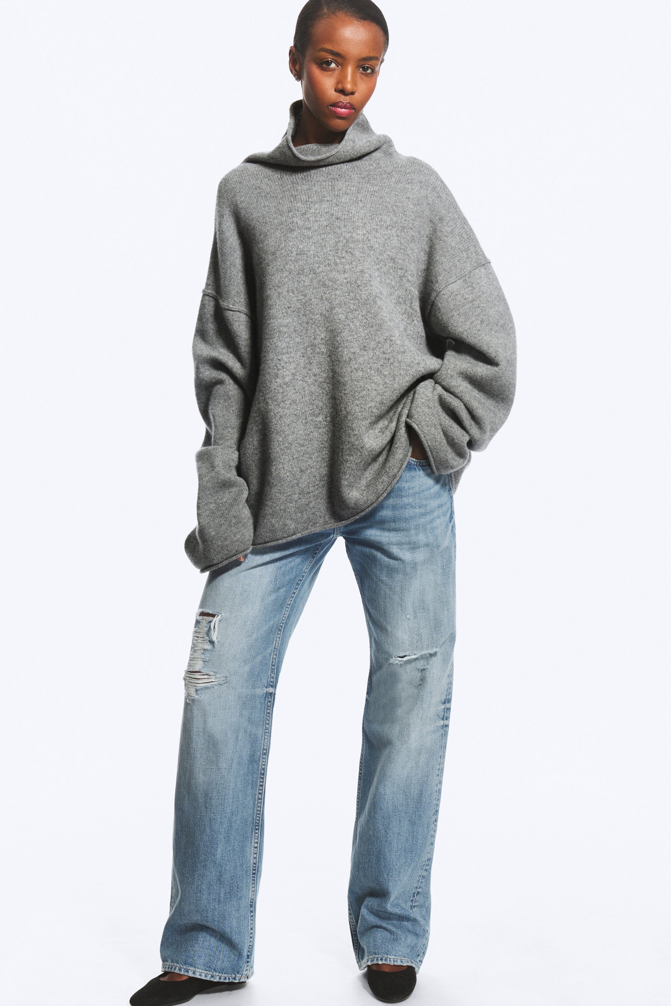 Grey Melange - Loose Wool Turtleneck Sweater - 2