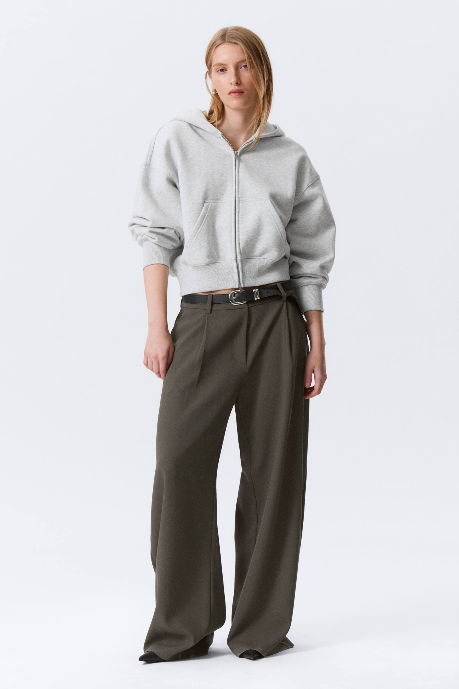 Cropped Boxy Zip Hoodie - Grijs gemêleerd/Blauw met wassing - 3