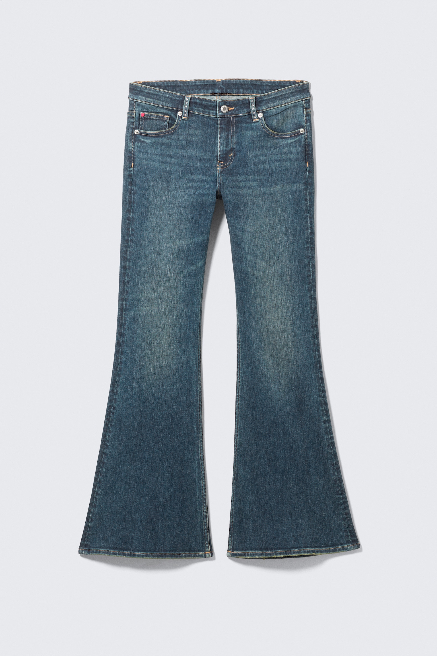 Jeans de Cintura Descida Slim com Perna à Boca de Sino Katsumi - Azul Decorado - Azul Escuro - 2