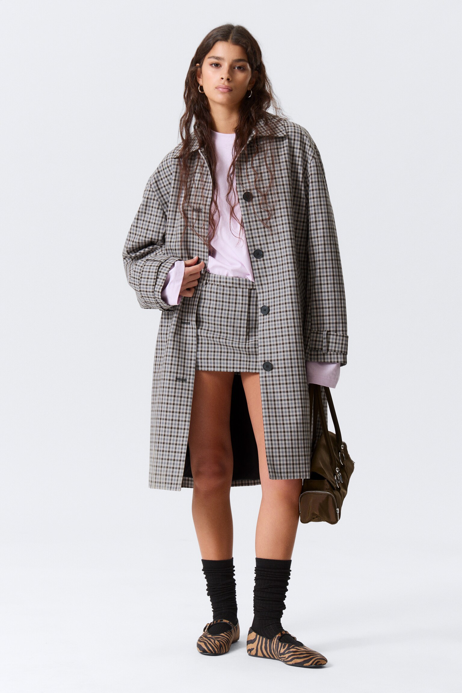 Locker geschnittener, einreihiger Car-Coat - Grau kariert/Staubiges Maulwurfsgrau/Beige - 4