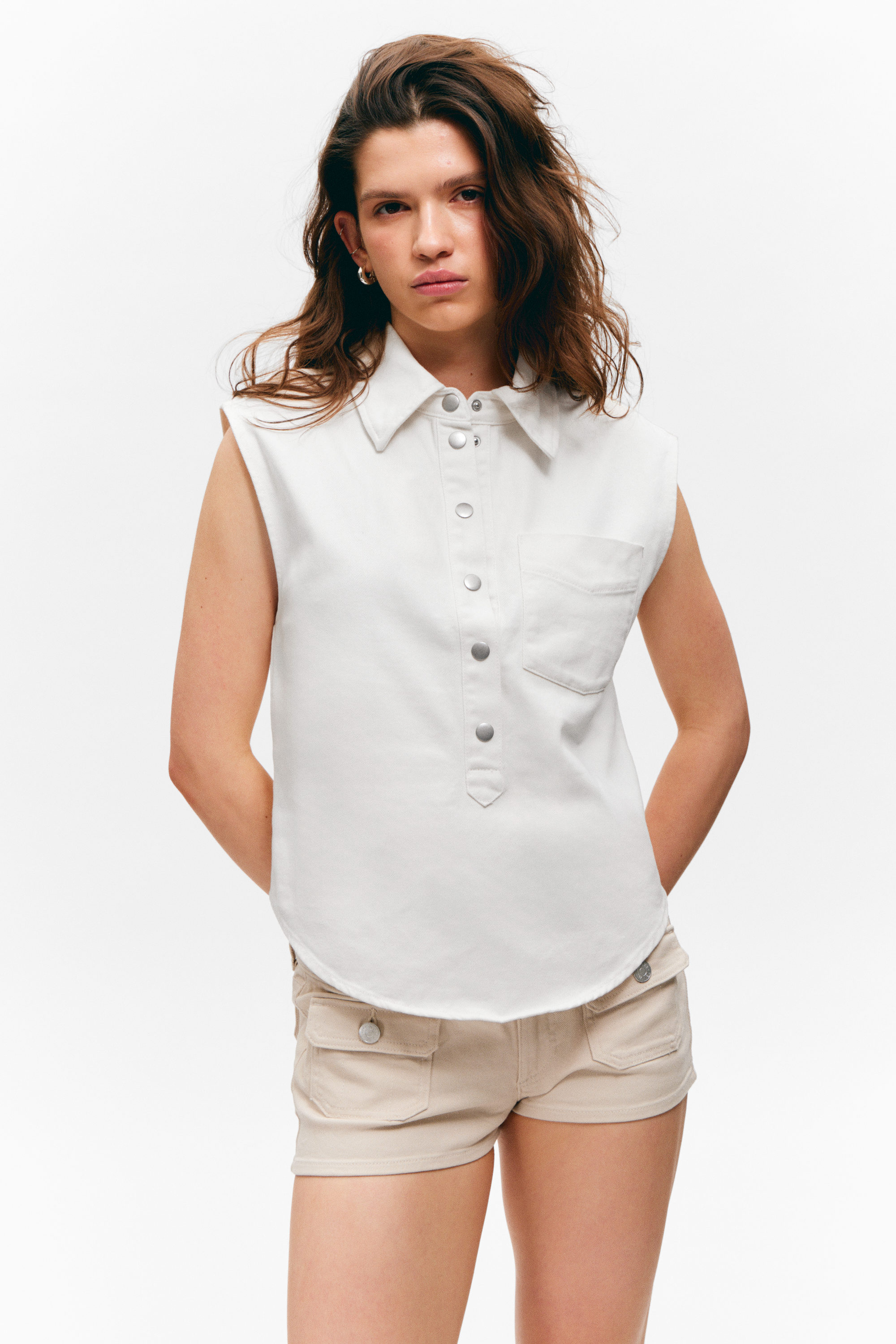 #ECE9E2 - Cap-Sleeved Cotton Twill Shirt - 1