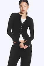 Black - Ribbed Long-Sleeved Cardigan - 1