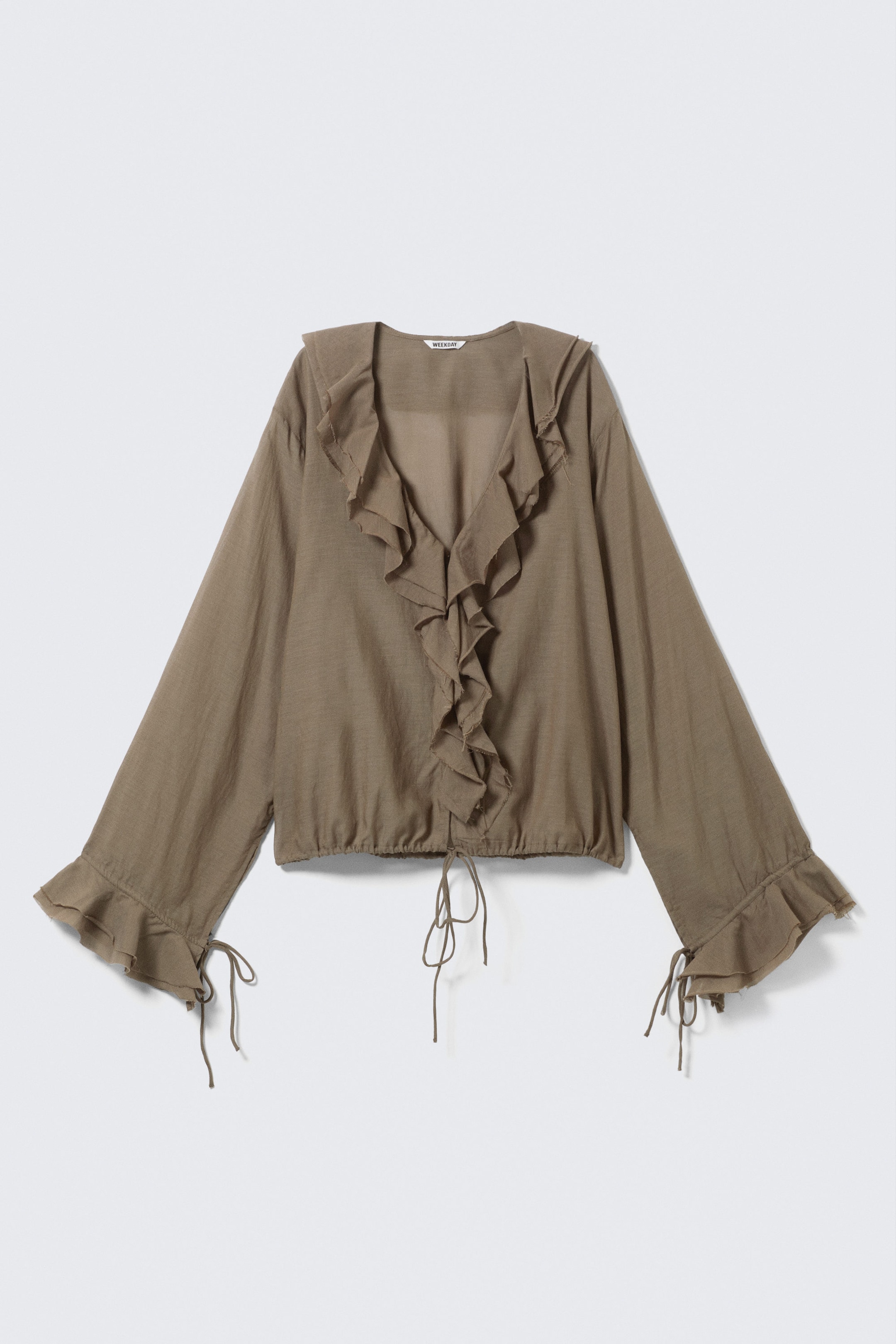 Brown - Frilled Long-Sleeved Wrap Blouse - 1