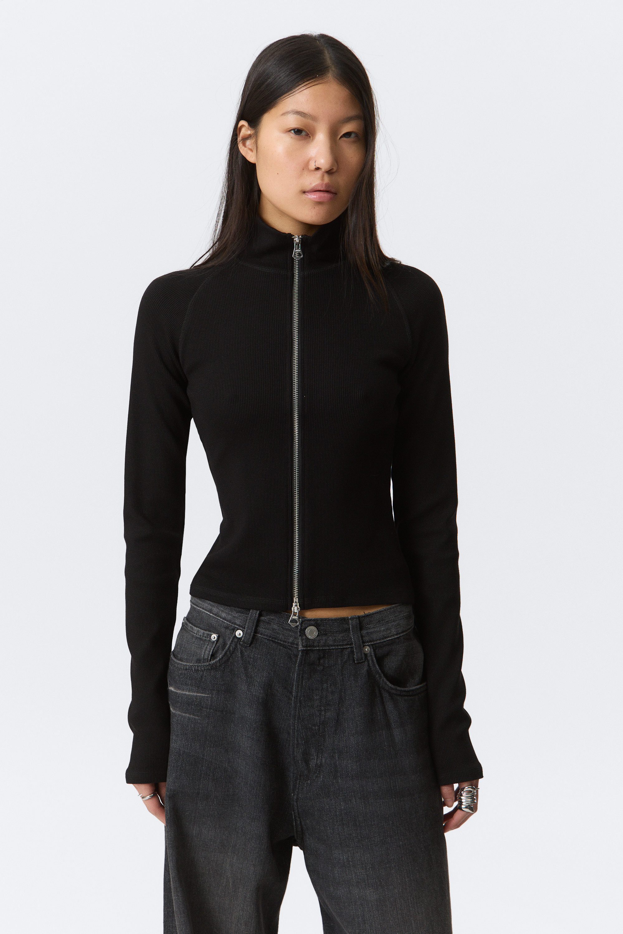 fitted long-sleeved mock-neck zip top - Black | Weekday EU