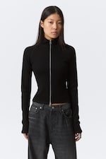 Black - Fitted Long-Sleeved Mock-Neck Zip Top - 0