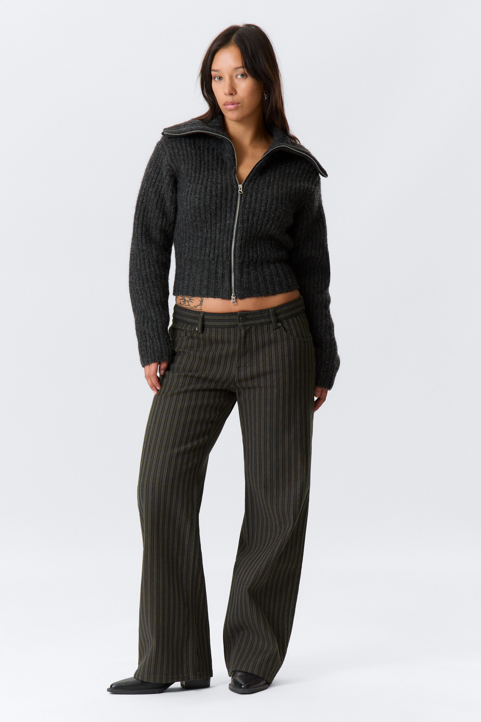Striped Dark Grey - Low Waist Pinstripe Cotton Trousers - 1