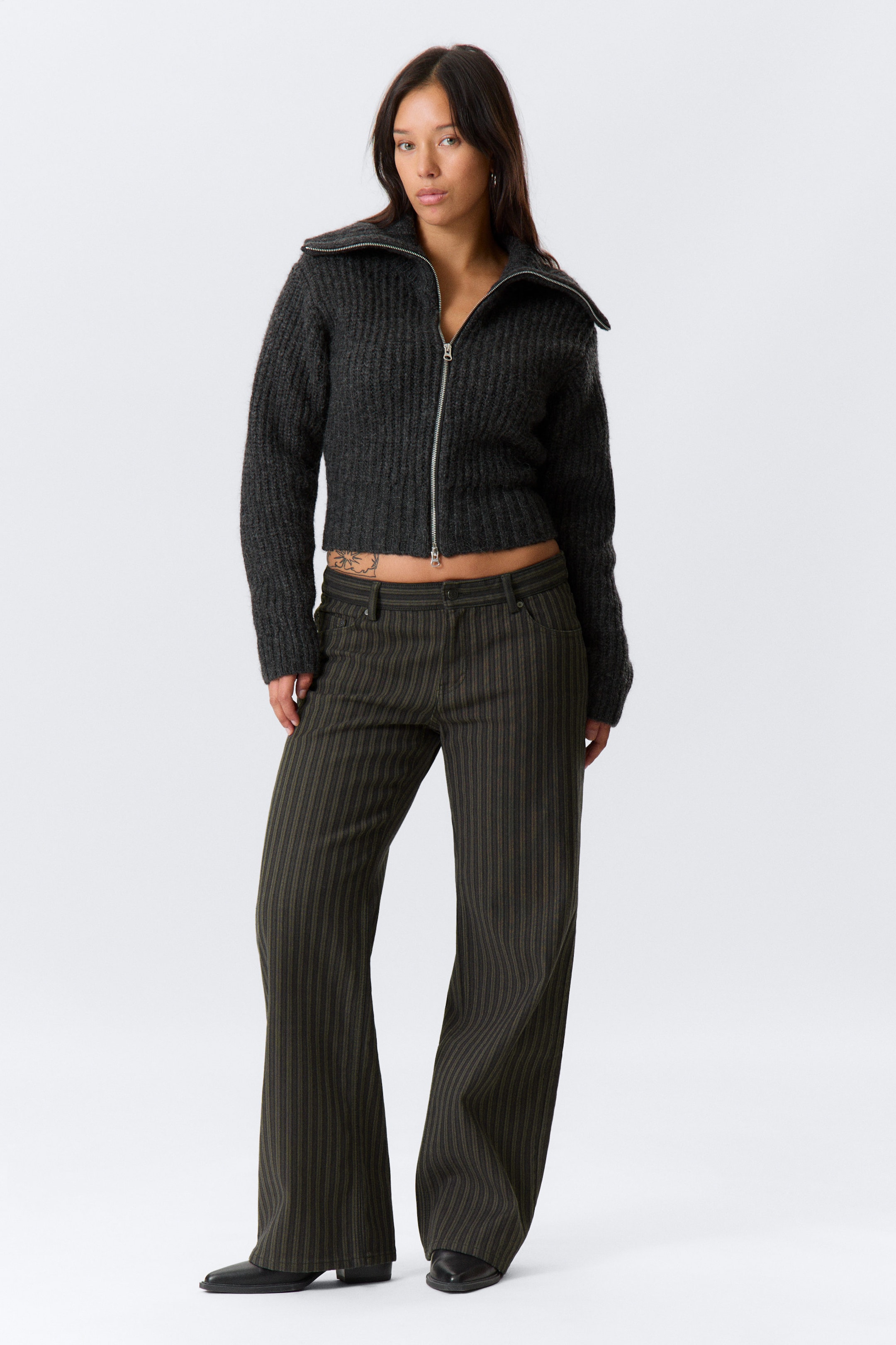 Striped Dark Grey - Low Waist Pinstripe Cotton Trousers - 1