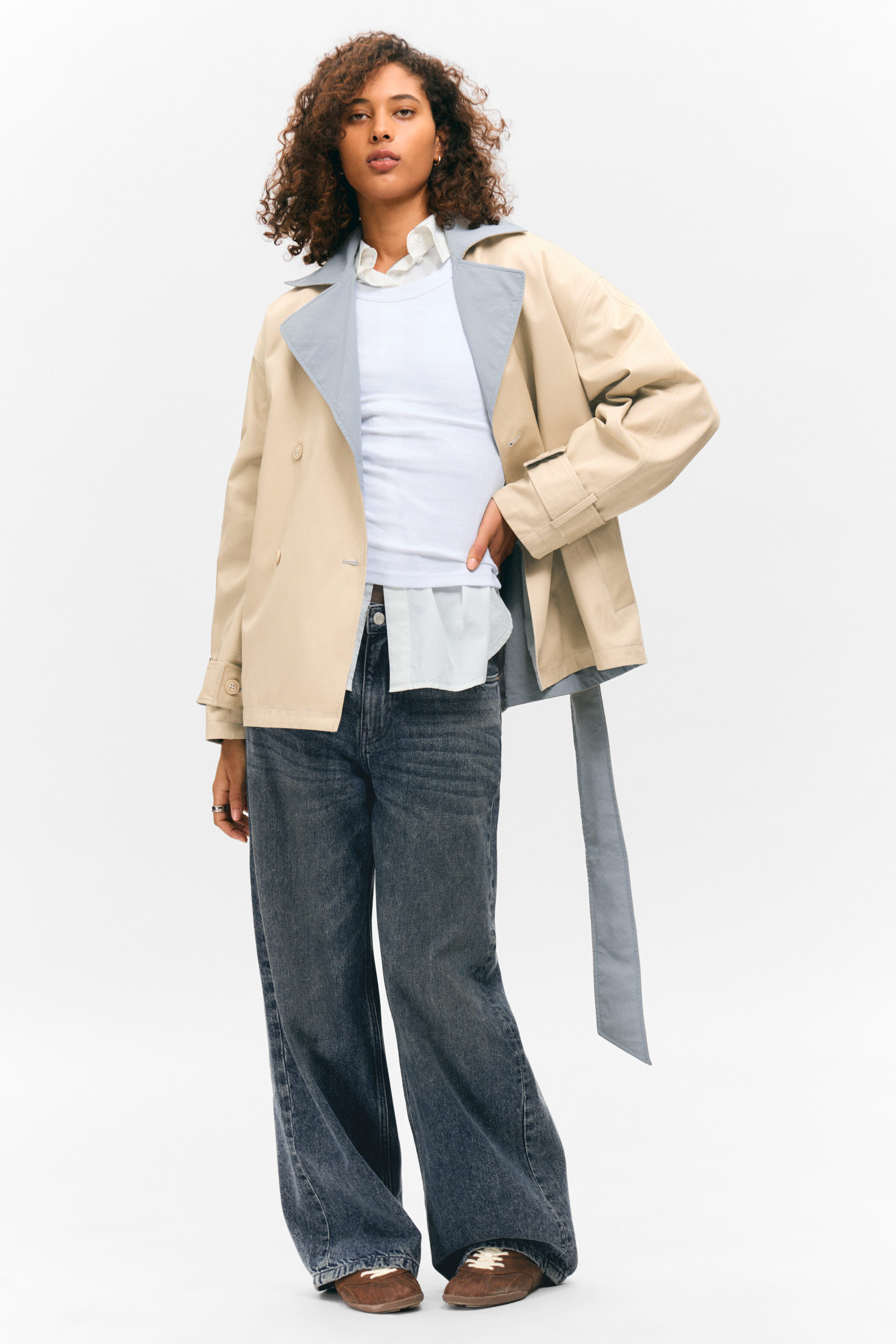 Beige & Light Grey - Short Double-Breasted Reversible Trench Coat - 1