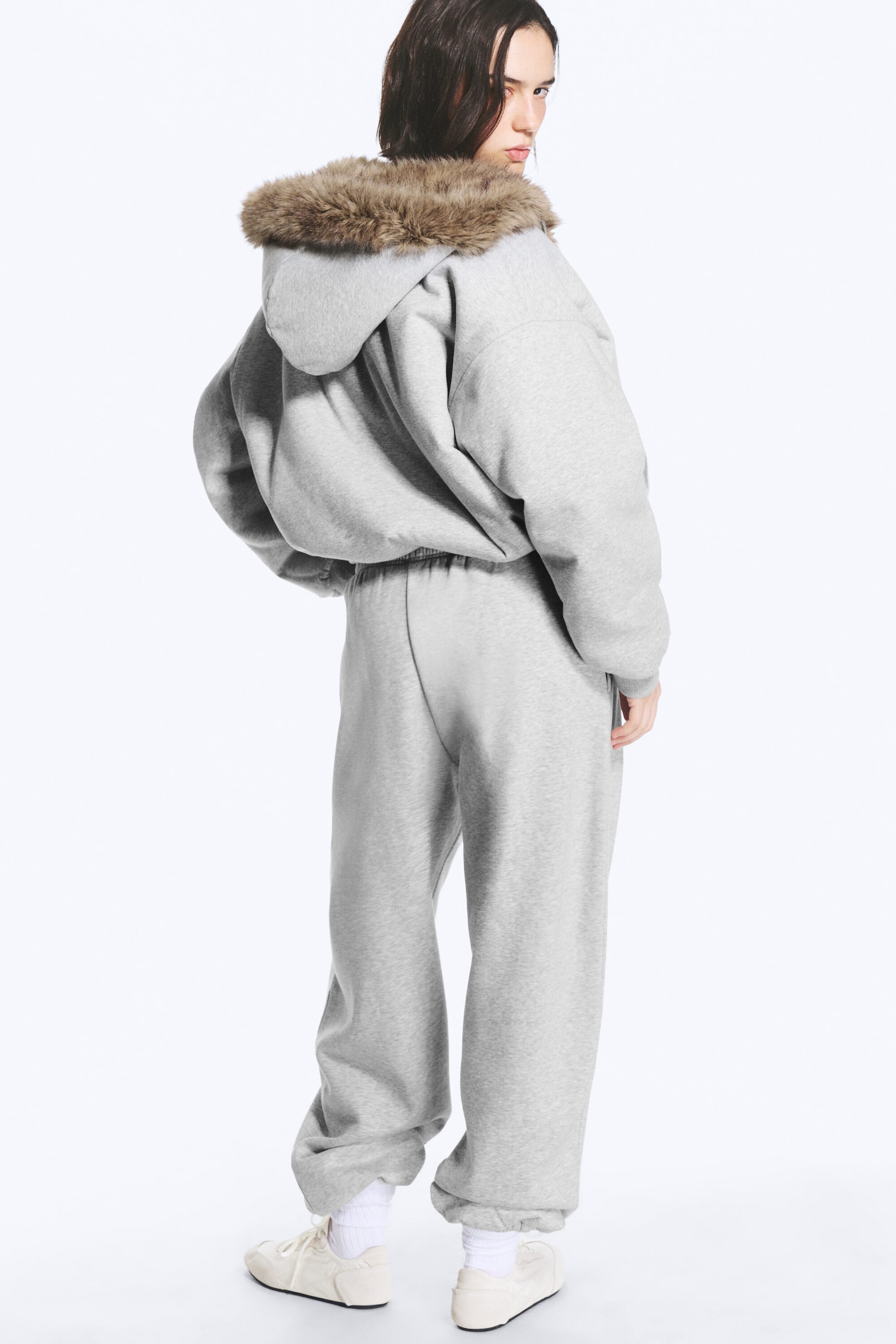 Gris chiné & Marron - Sweat à capuche zippé réversible en fausse fourrure - 5