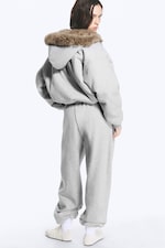 Gris chiné & Marron - Sweat à capuche zippé réversible en fausse fourrure - 5