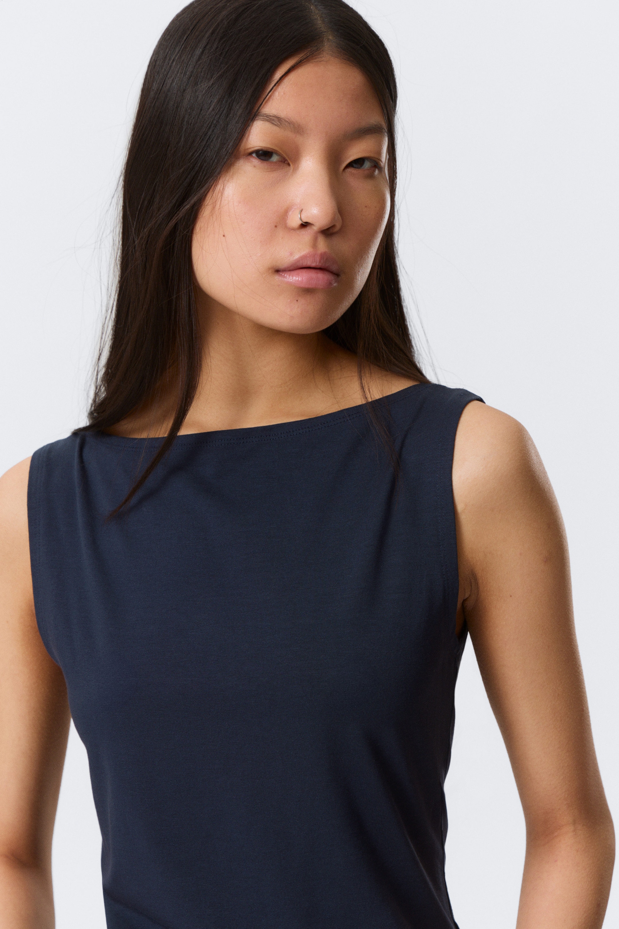 Dark Blue - Annie Soft Sleeveless Boat-Neck Top - 2
