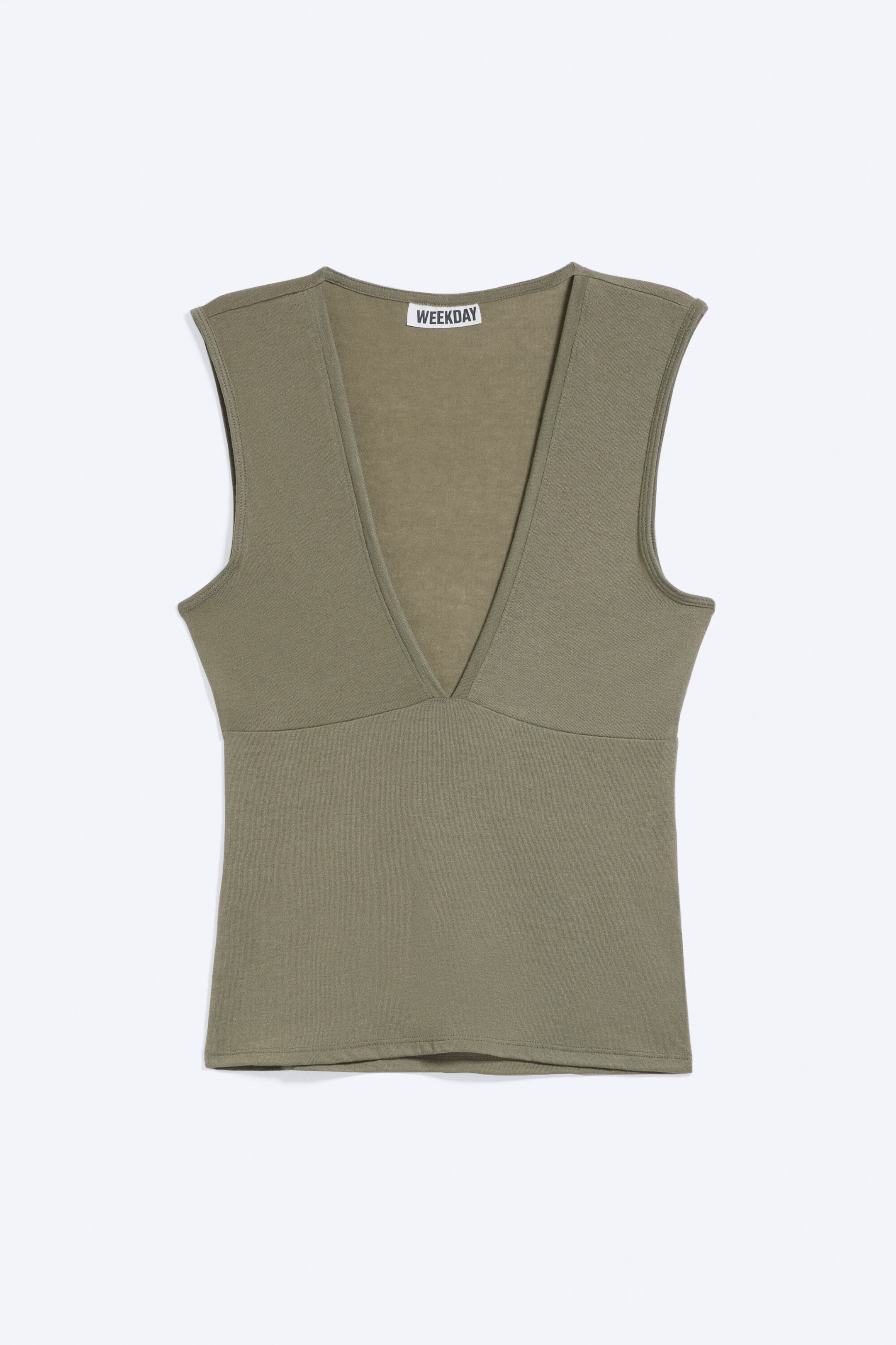 Dusty Khaki Green - Fitted V-Neck Sleeveless Top - 1