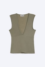 Dusty Khaki Green - Fitted V-Neck Sleeveless Top - 0