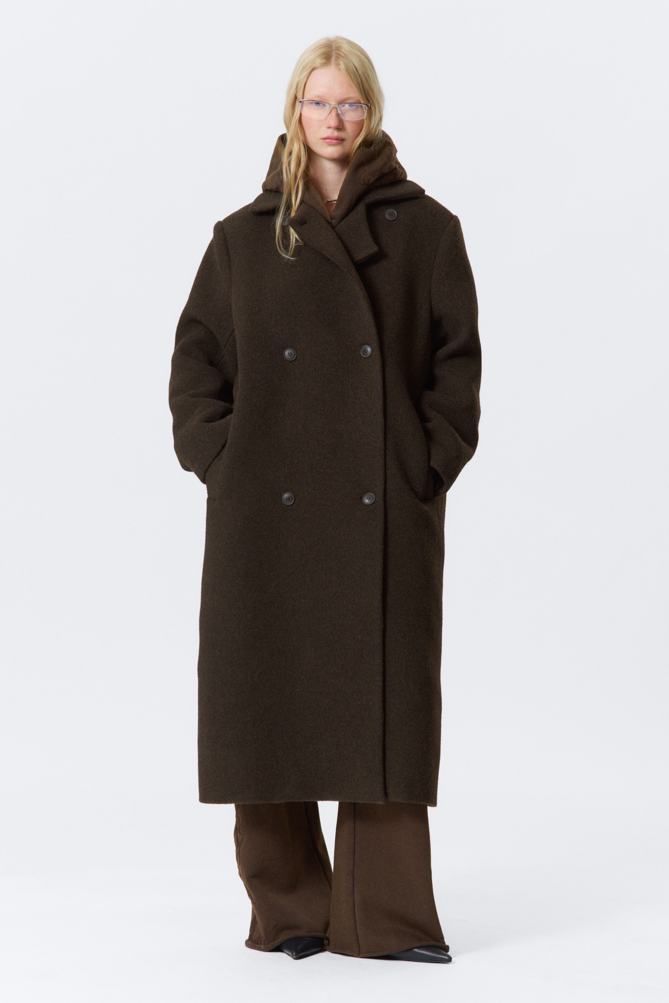 Dark Brown Melange - Oversized Double-Breasted Wool Blend Coat - 1