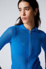 Bright Blue - Knitted Cotton Zip Cardigan - 0