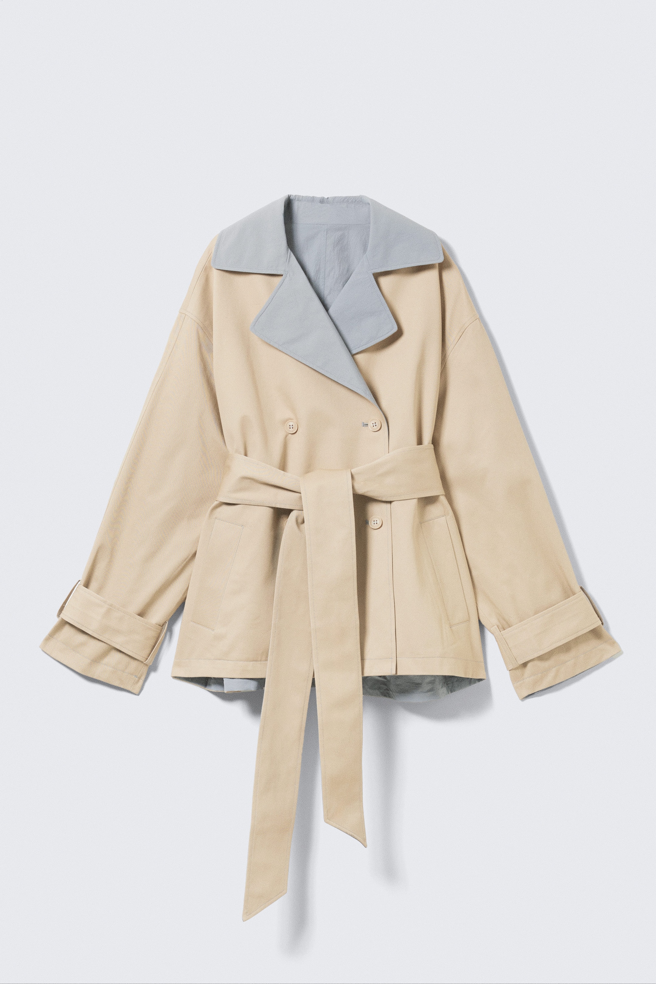 Beige & Light Grey - Short Double-Breasted Reversible Trench Coat - 6