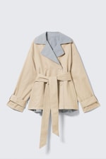Beige & Light Grey - Short Double-Breasted Reversible Trench Coat - 6