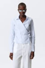 Striped Blue - Long-Sleeved Wrap Poplin Shirt - 0