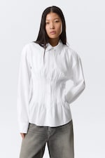 White - Gathered Waist Cotton Poplin Shirt - 0