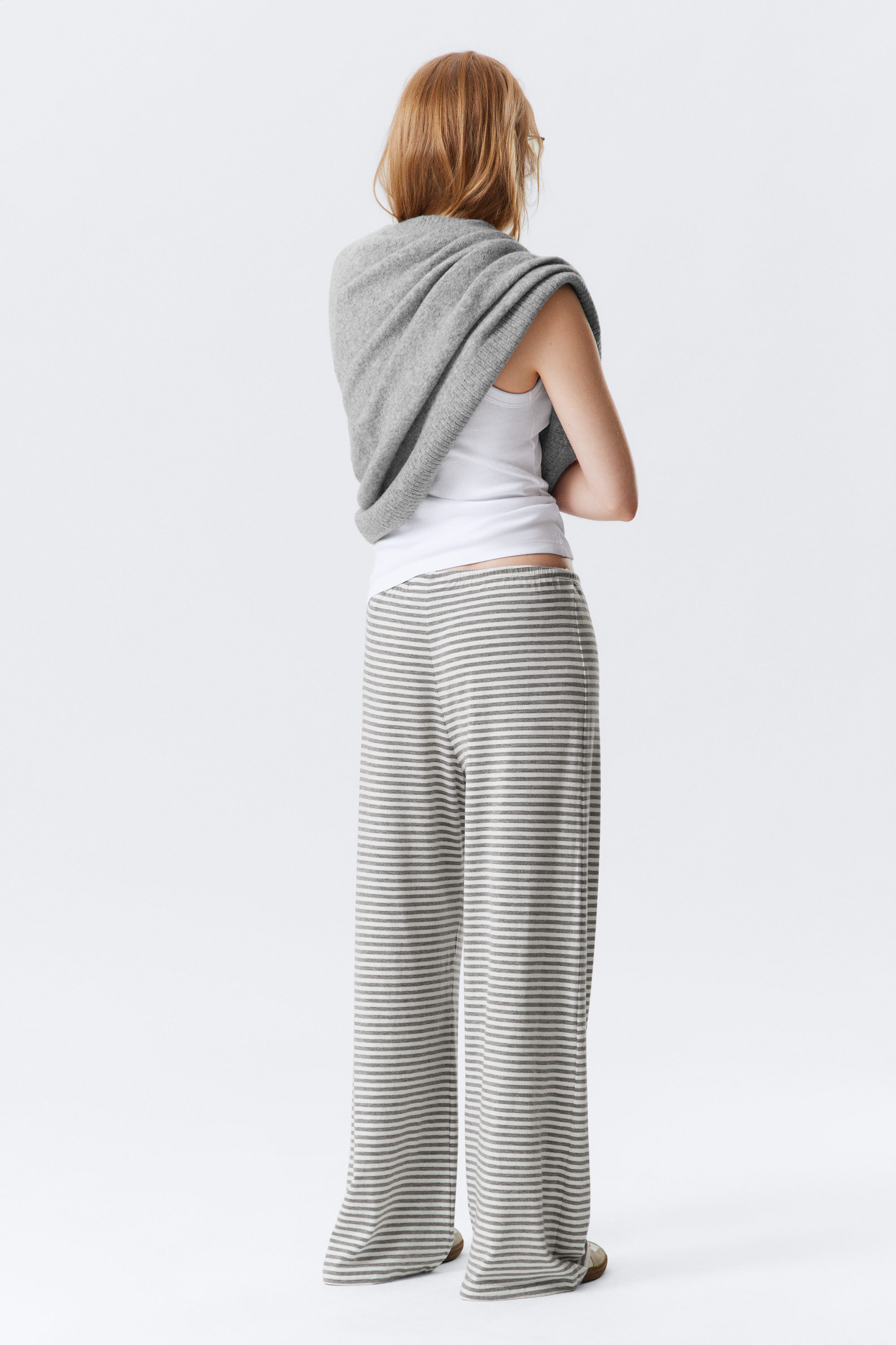 Grey & White Stripes - Wide-Leg Pull-On Lyocell Trousers - 2