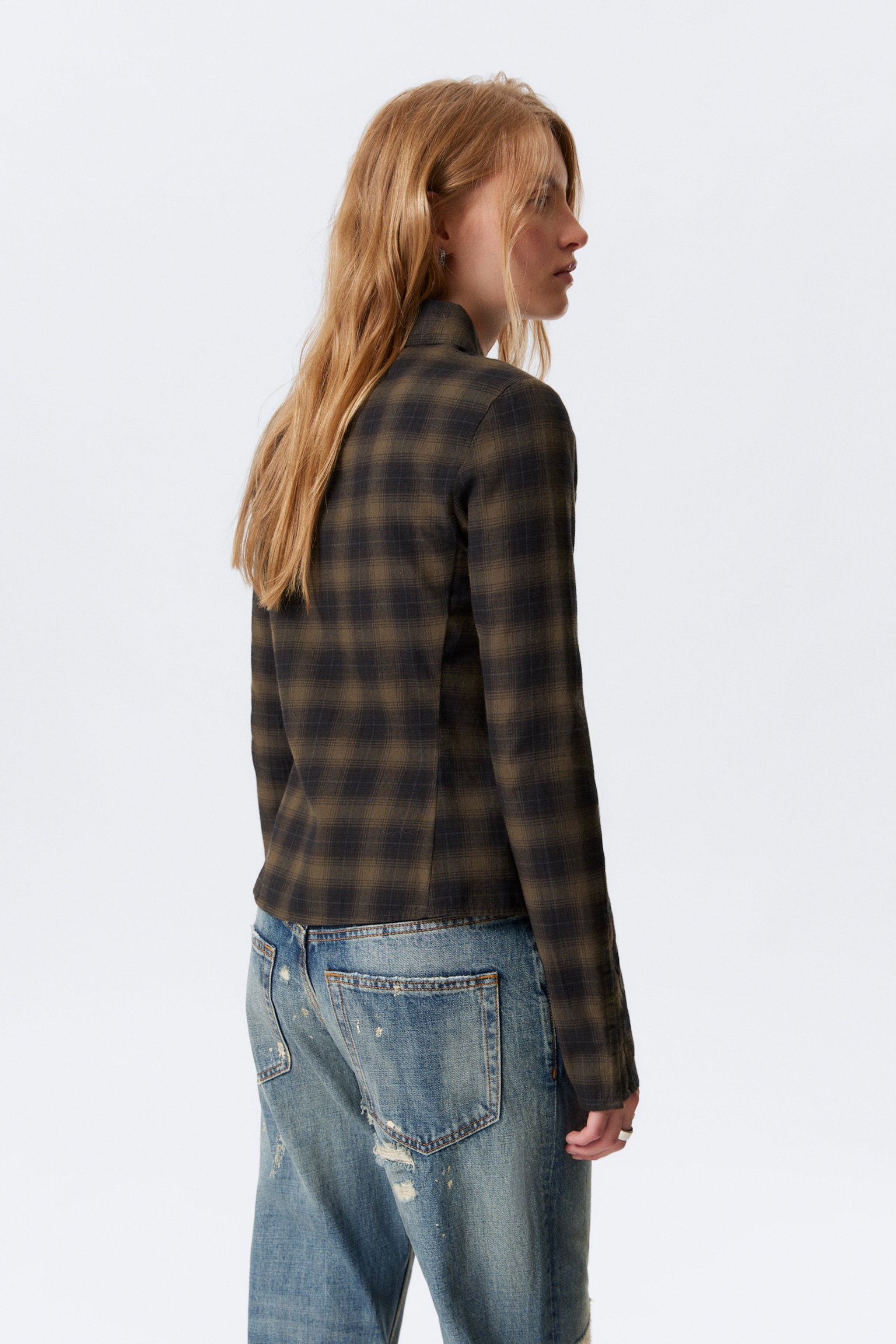 Long-Sleeved Fitted Satin Shirt - Checked Dark Brown - 3