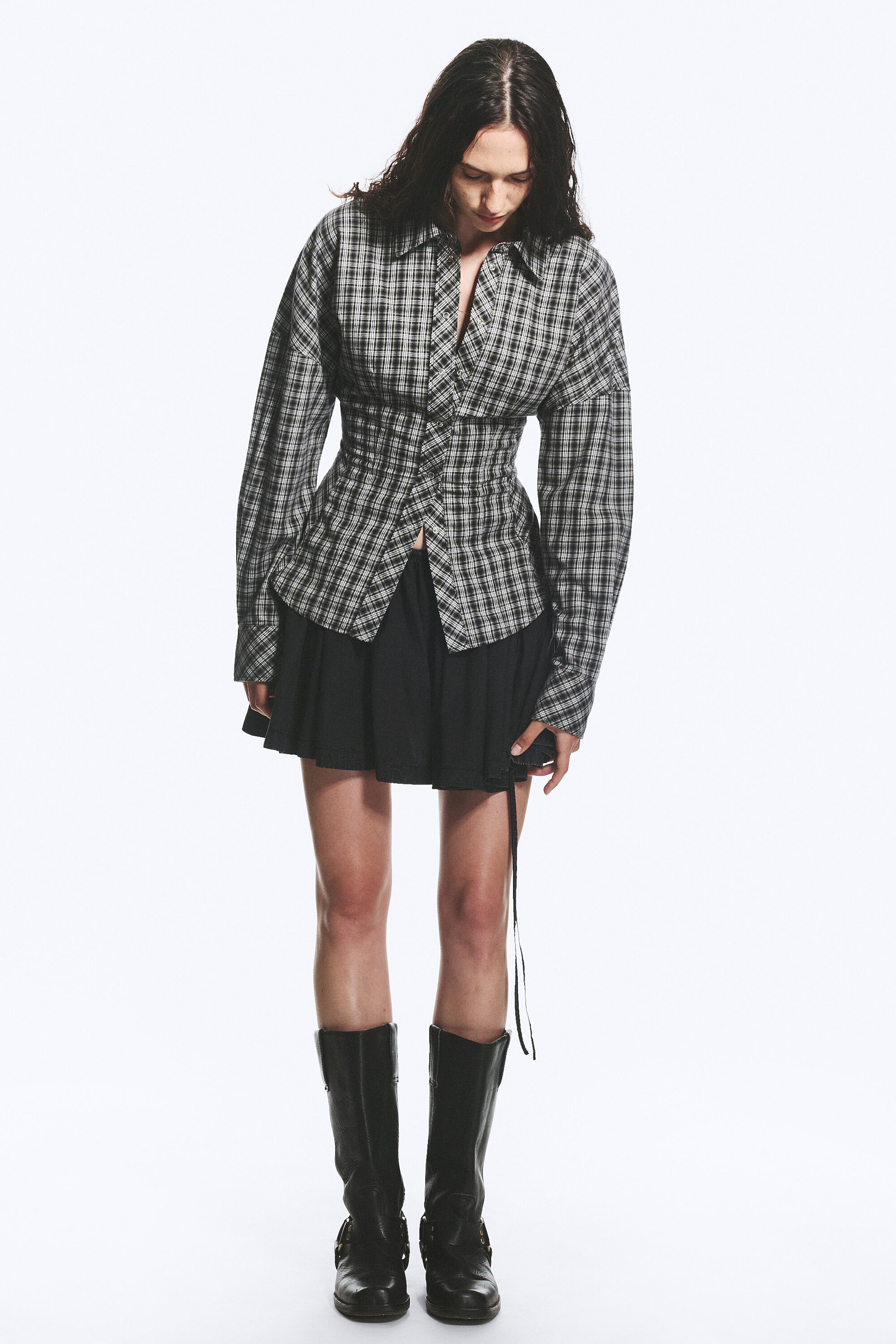 Checked Black/Grey - Waisted A-Line Shirt - 2